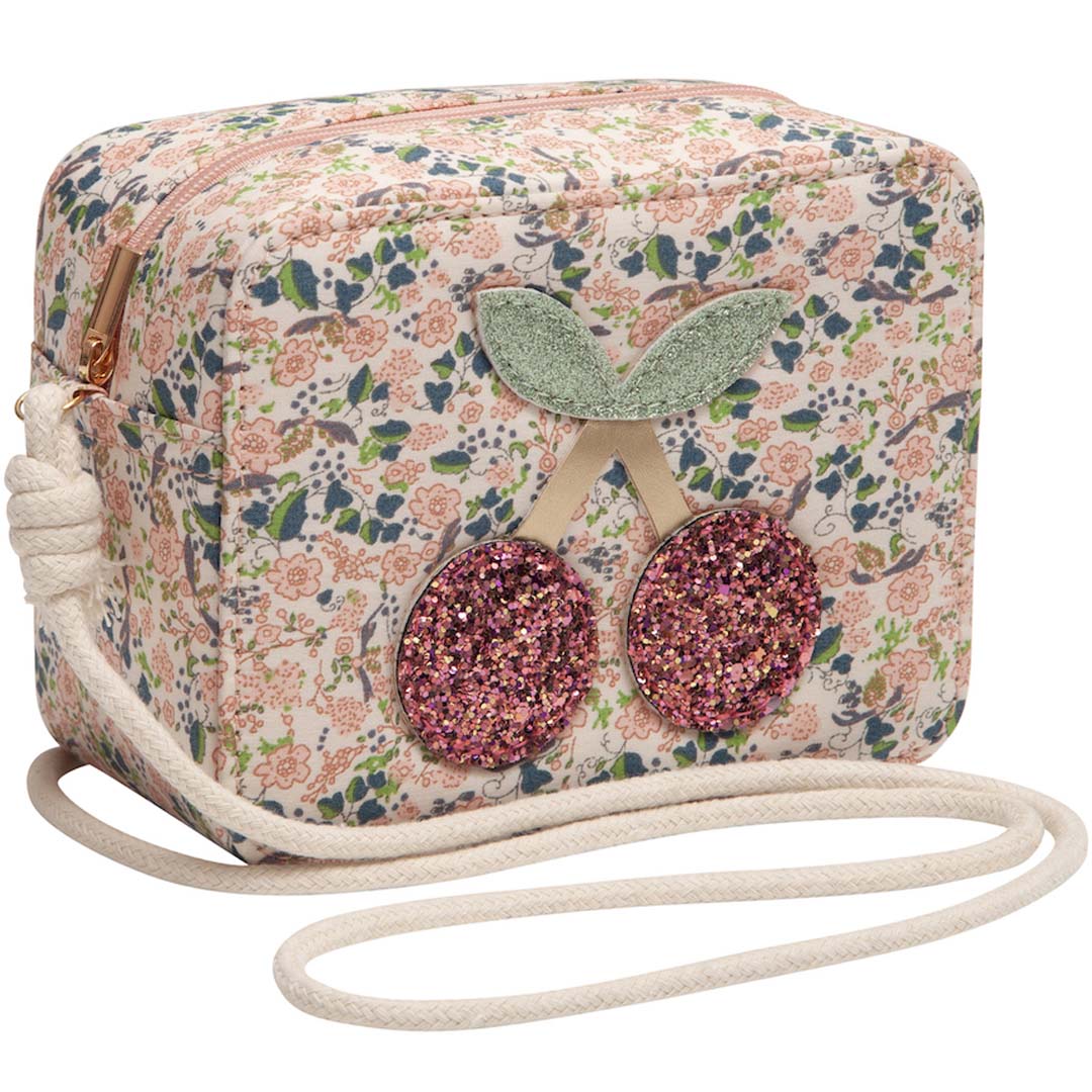 mimi & lula schoudertasje voor kinderen met bloemenprint en glitter kersen.