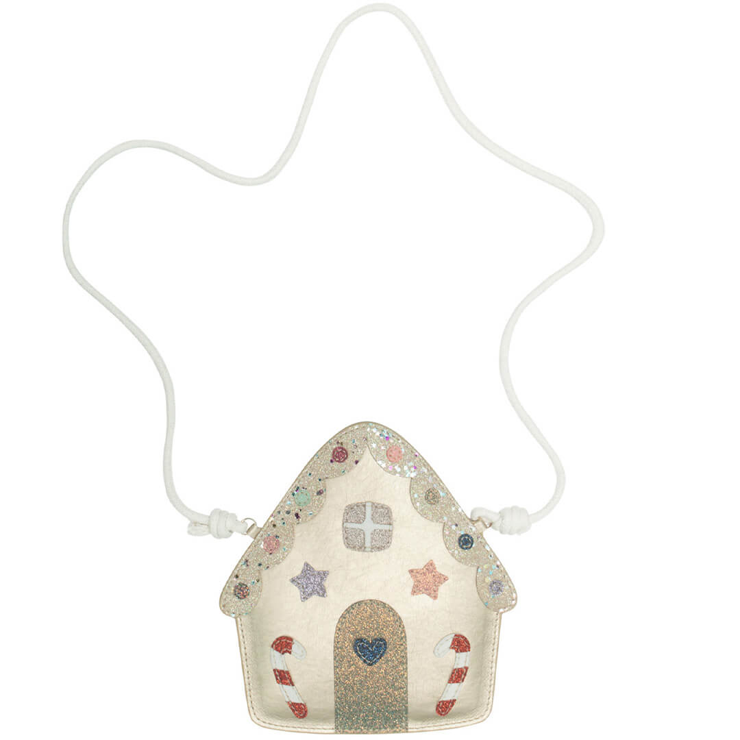 Mimi & Lula kinderschoudertasje in de vorm van een goudkleurig peperkoekhuisje met glitter en kerstversieringen.