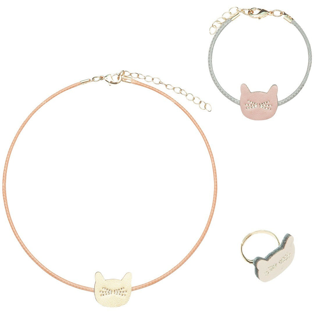 Mimi & Lula kinder sieradenset met een ketting, armband en ring, alle met een kattenhoofdje.