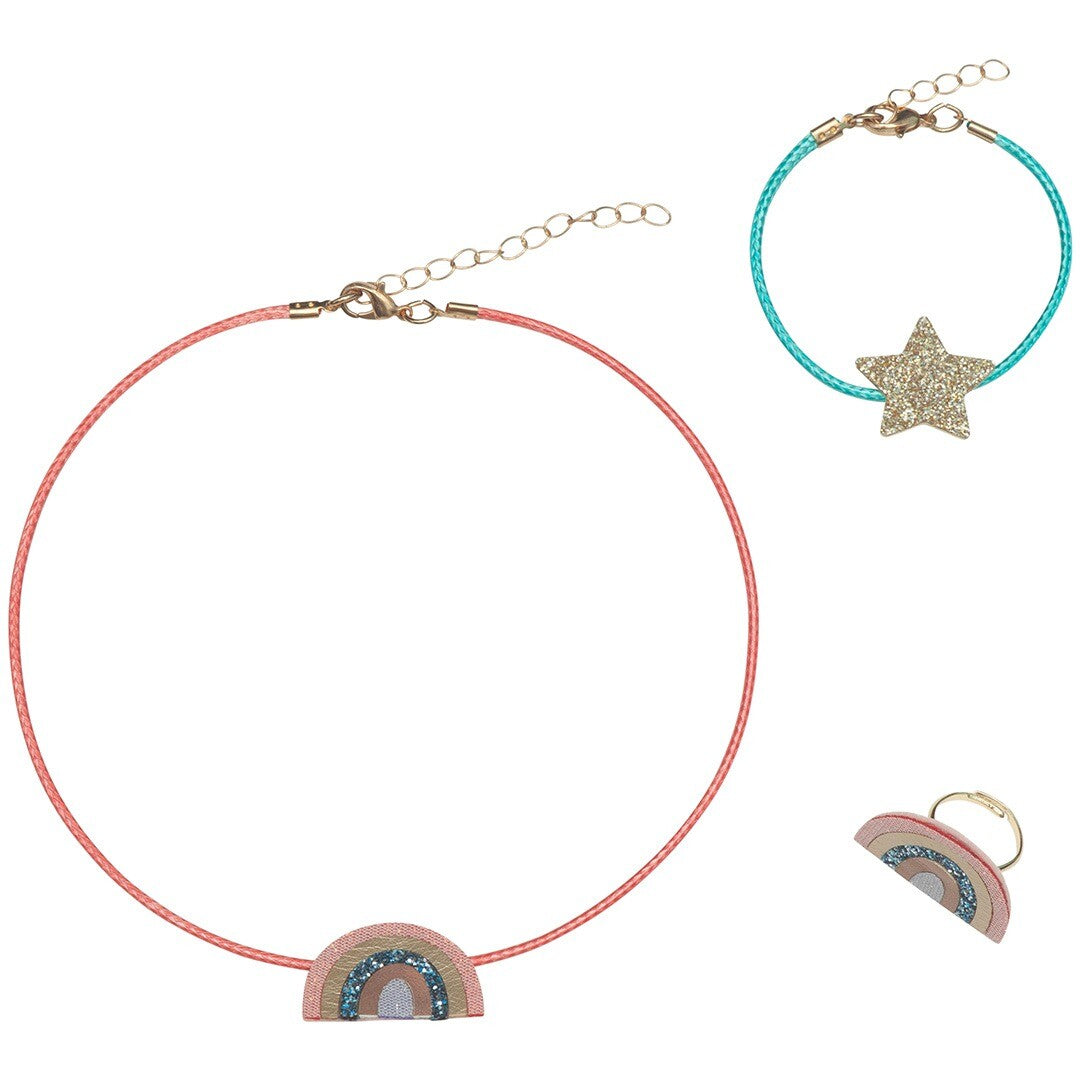 Mimi & Lula kinder sieradenset met een roze ketting met regenboog, een turquoise armband met ster en een regenboogring.