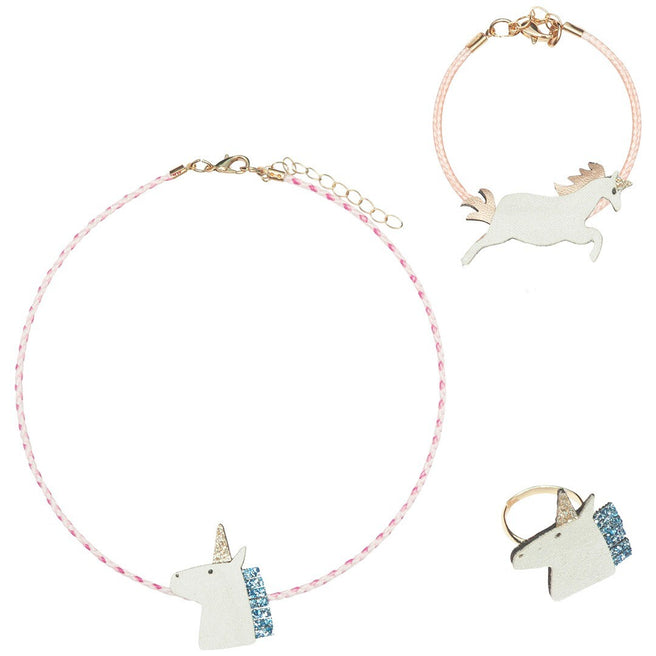 Mimi & Lula sieradenset voor kinderen met een roze koordketting, armband en ring, alle met eenhoornbedels.