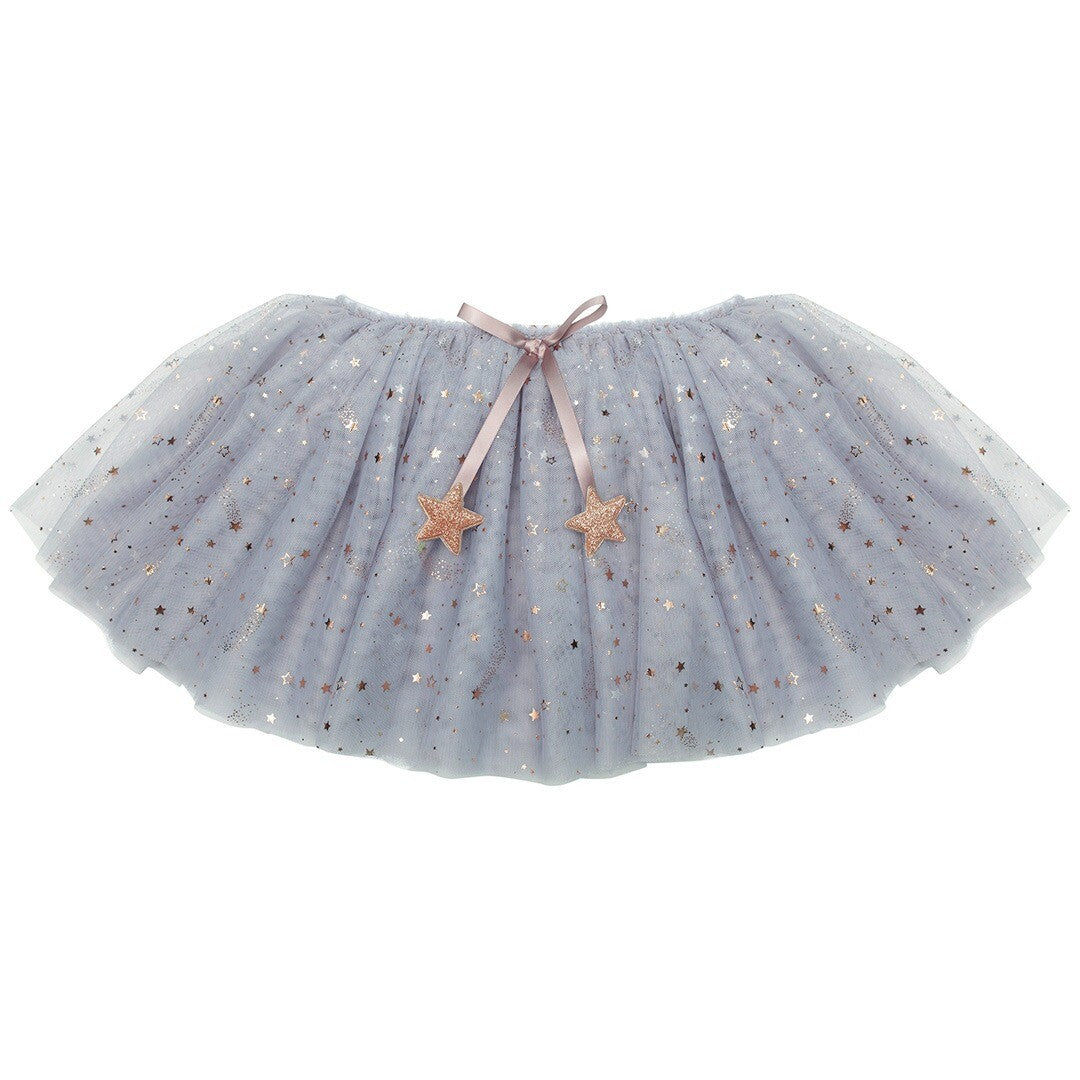 Mimi & Lula grijze tule kinderrok met sterrenpatroon en roze lint met sterbedels.