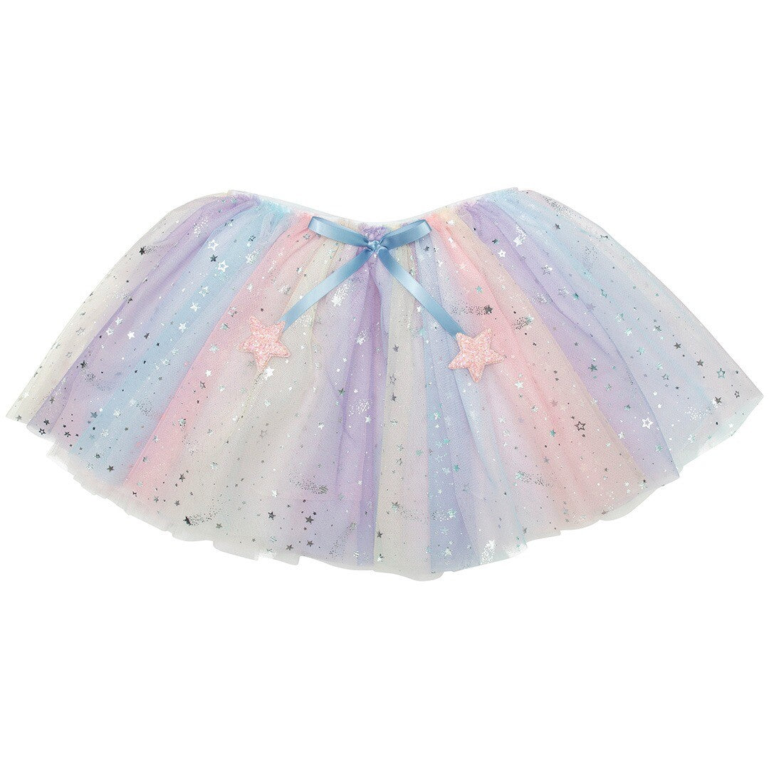 mimi & lula tule kinderrok in regenboogkleuren met sterren en een blauwe strik.