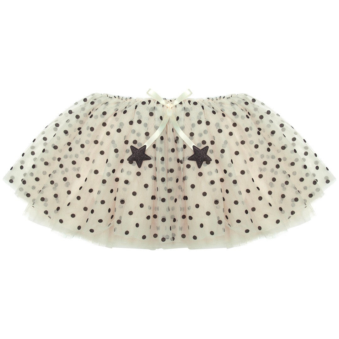 Mimi & Lula tule kinderrok met beige stof, zwarte stippen, twee sterren en een strik.