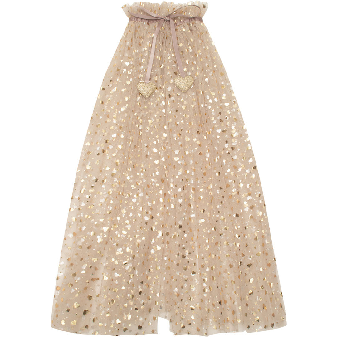 mimi & lula verkleedcape van beige tule met gouden hartjes en een trekkoord met twee hartvormige kwastjes.