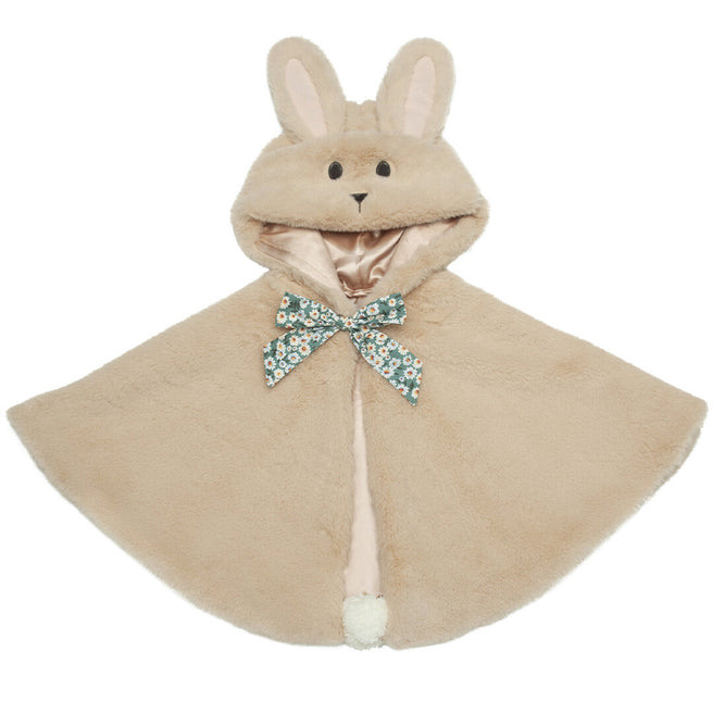 mimi & lula beige pluche verkleedcape voor kinderen, met konijnenoren op de capuchon, een gebloemde strik en een wit staartje.