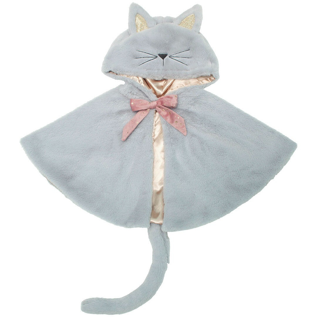 mimi & lula grijze pluche verkleedcape in de vorm van een poes, compleet met oren en staart.