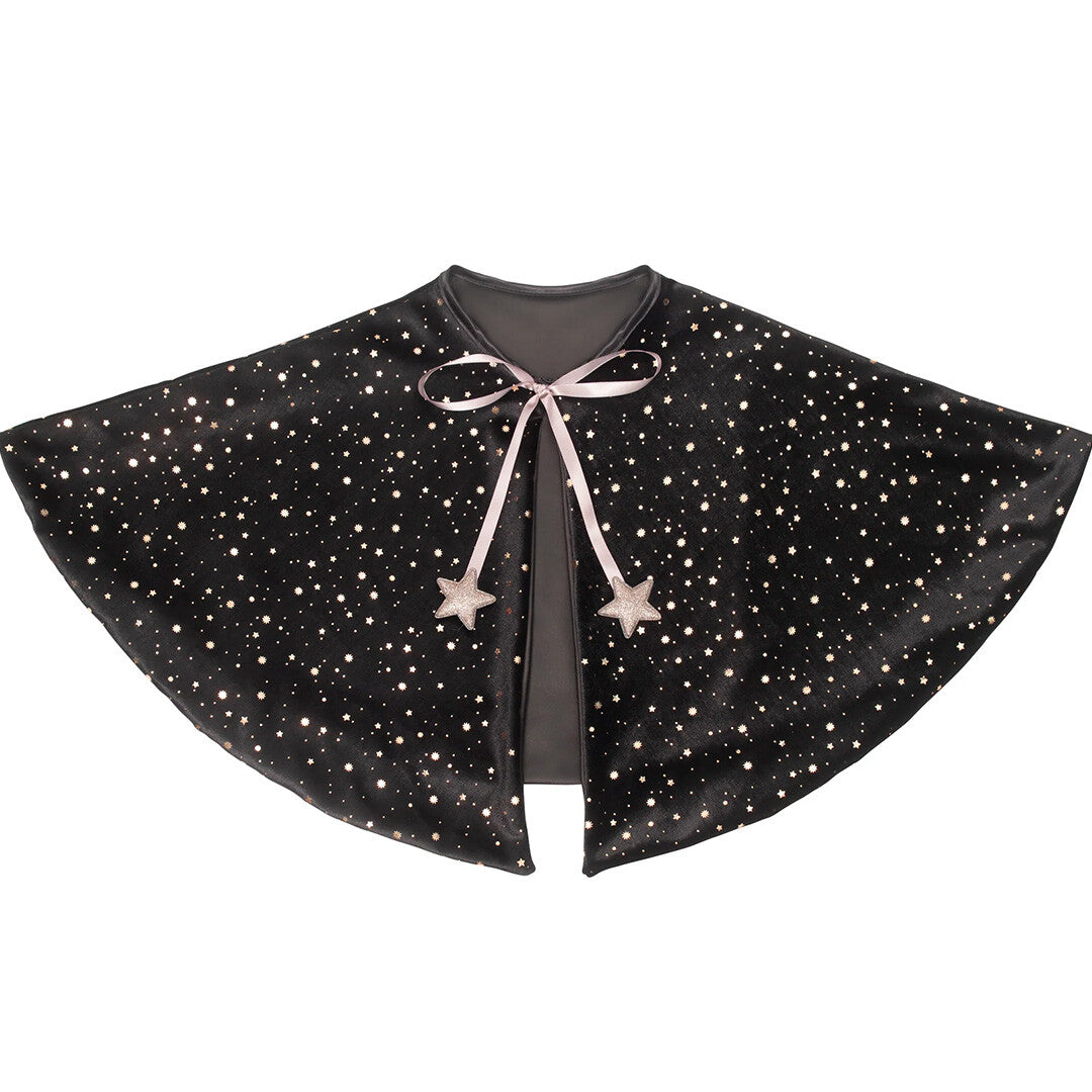 mimi & lula zwarte verkleedcape met gouden sterren en roze strik.