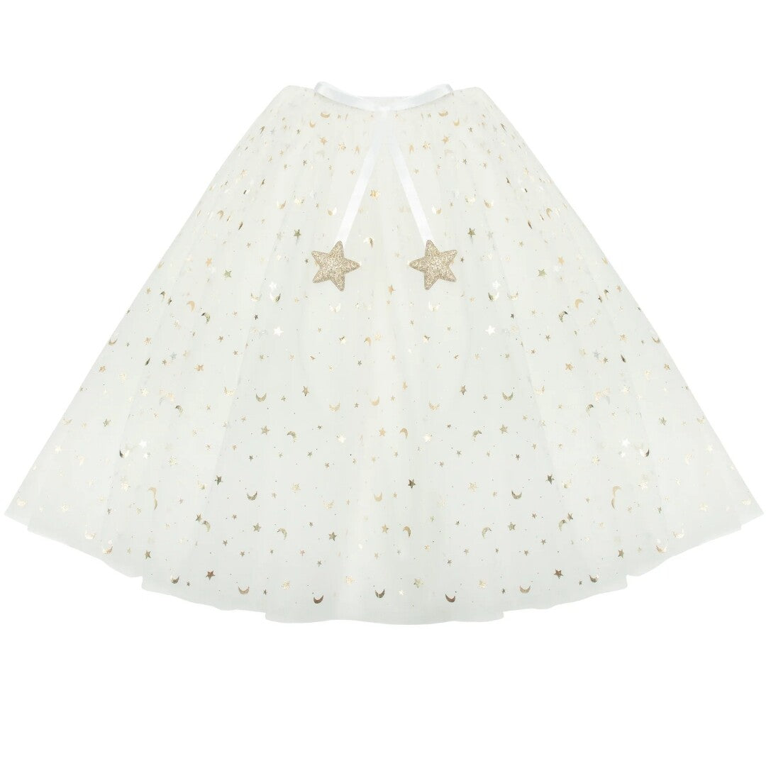 Mimi & Lula witte verkleedrok voor kinderen met gouden sterren en manenpatroon en sterbedels.