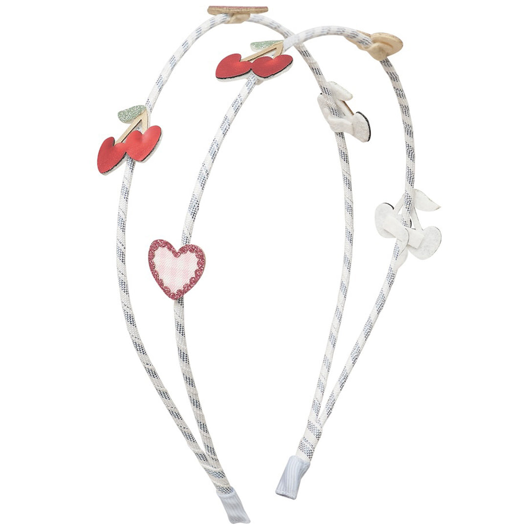 Mimi & Lula kinder hoofdband met dubbele band versierd met rode kersen en roze harten.
