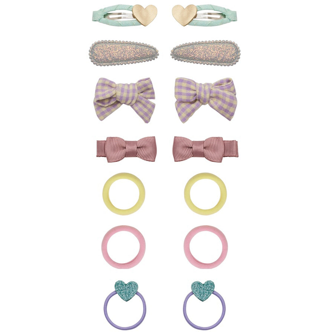 mimi & lula set van 14 pastelkleurige haaraccessoires met clips en elastiekjes.