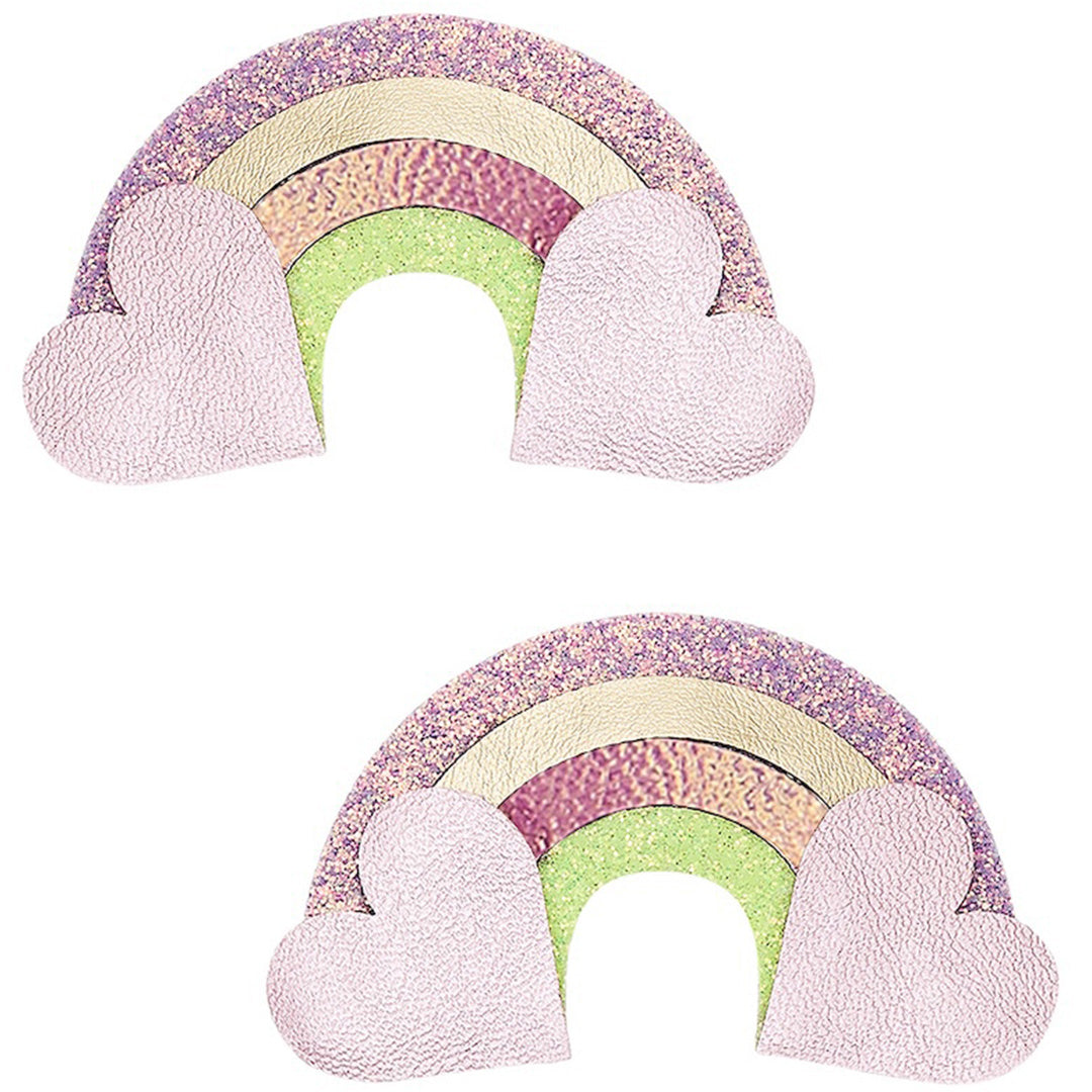 Twee mimi & lula haarspeldjes voor kinderen in de vorm van een glitterende regenboog met hartjeswolken.