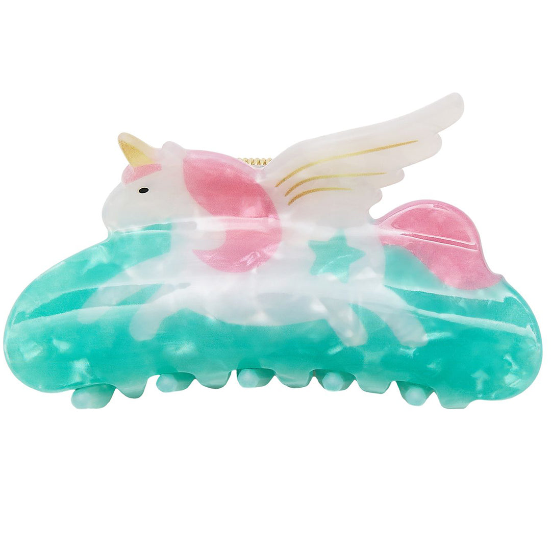 mimi & lula kinder haarclip in de vorm van een eenhoorn met vleugels, in turquoise, roze en wit marmerpatroon.