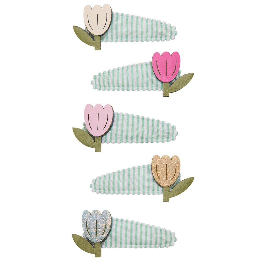 Mimi & Lula haarclipjes voor kinderen met gestreepte basis en tulpdecoratie.