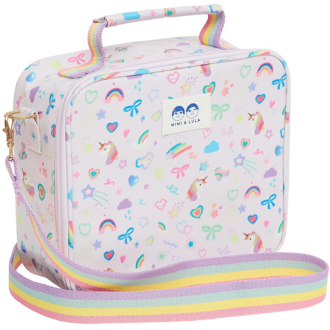 Mimi & Lula lunchtas voor kinderen met een eenhoorn- en regenboogpatroon en een regenboogkleurige draagband.
