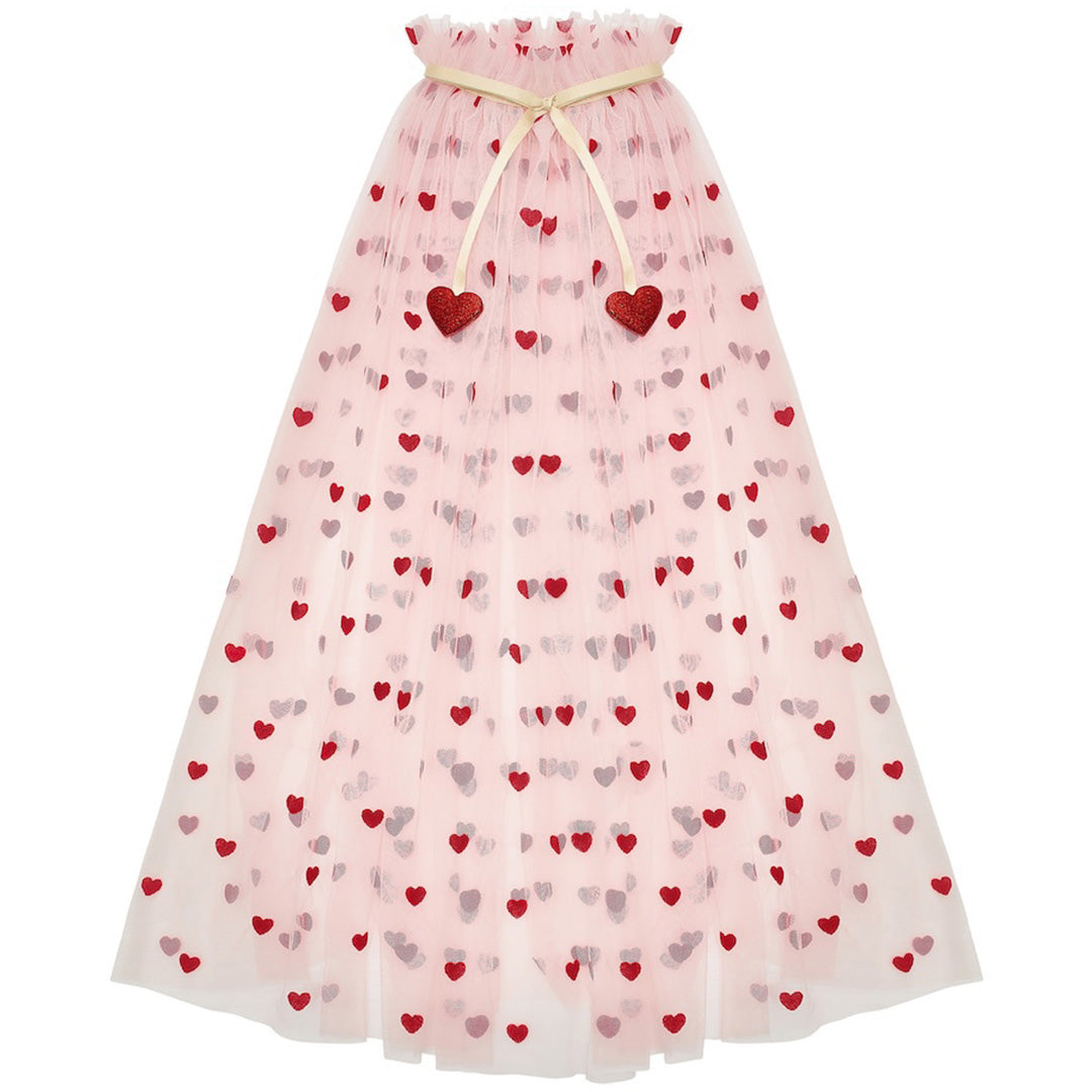 mimi & lula kinder verkleedcape met roze tule en rode harten, plat gefotografeerd.