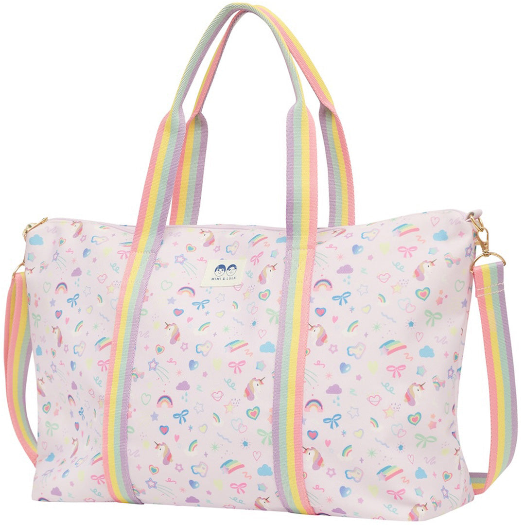 Mimi & Lula weekendtas met eenhoorn- en regenboogpatroon en regenboogkleurige hengsels.