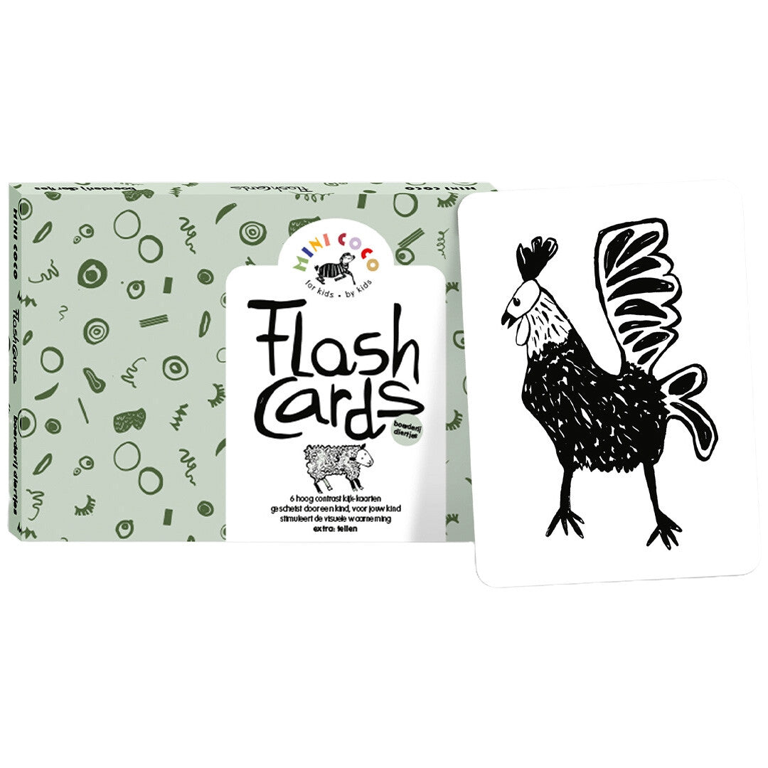 Mini Coco Flash Cards verpakking met een flashcard van een zwarte en witte haan.