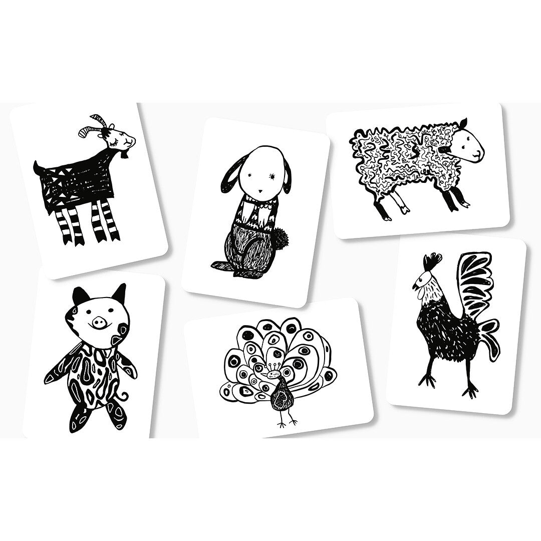 Collectie Mini Coco flashcards met zes verschillende boerderijdieren in zwart-wit.