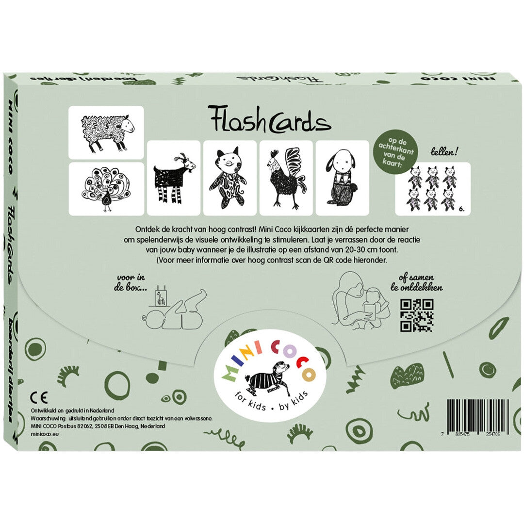 Achterkant van de Mini Coco Flash Cards verpakking met informatie en illustraties van boerderijdieren.