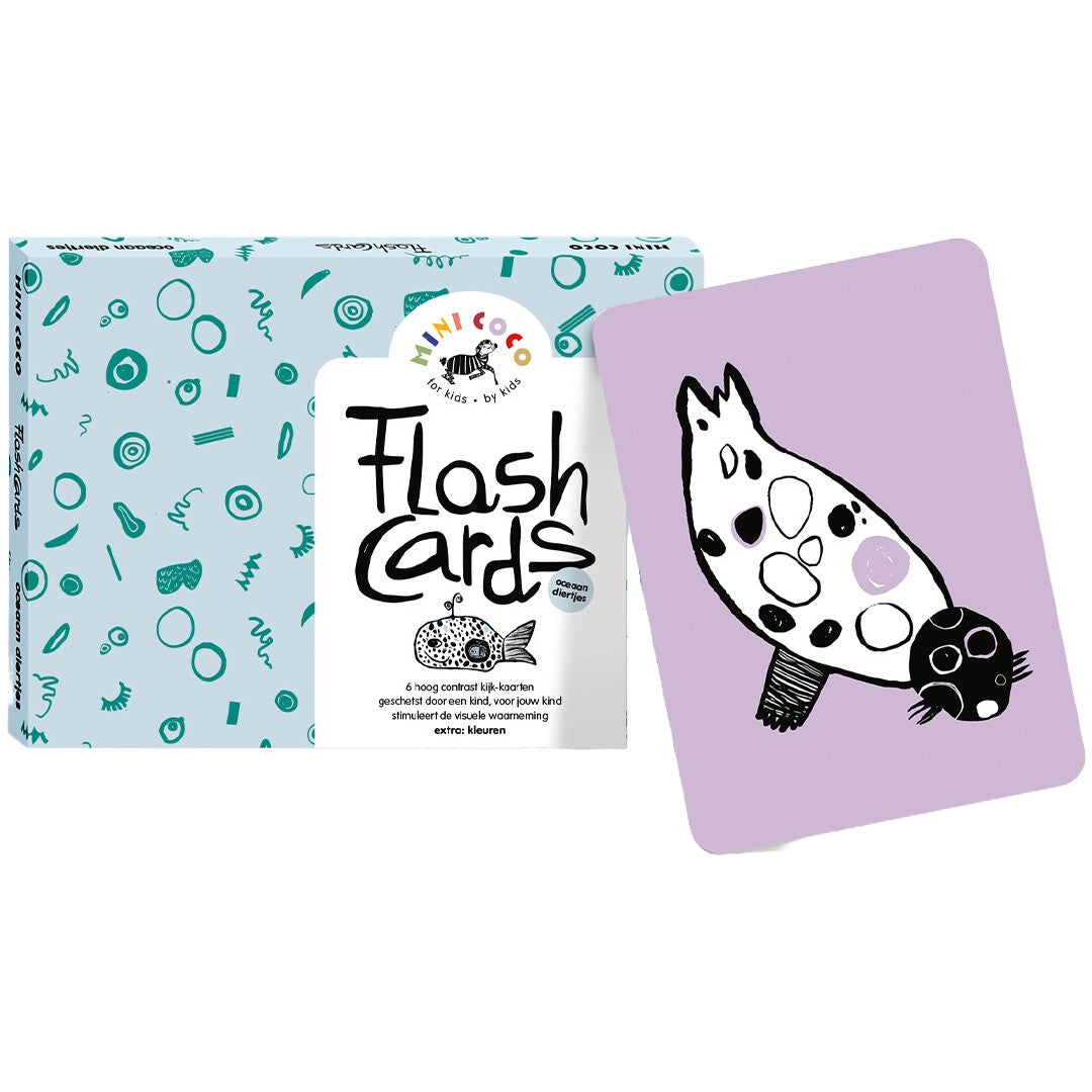 Mini Coco educatieve flashcards voor baby's met een doos en een kaart met een zeehond op een paarse achtergrond.