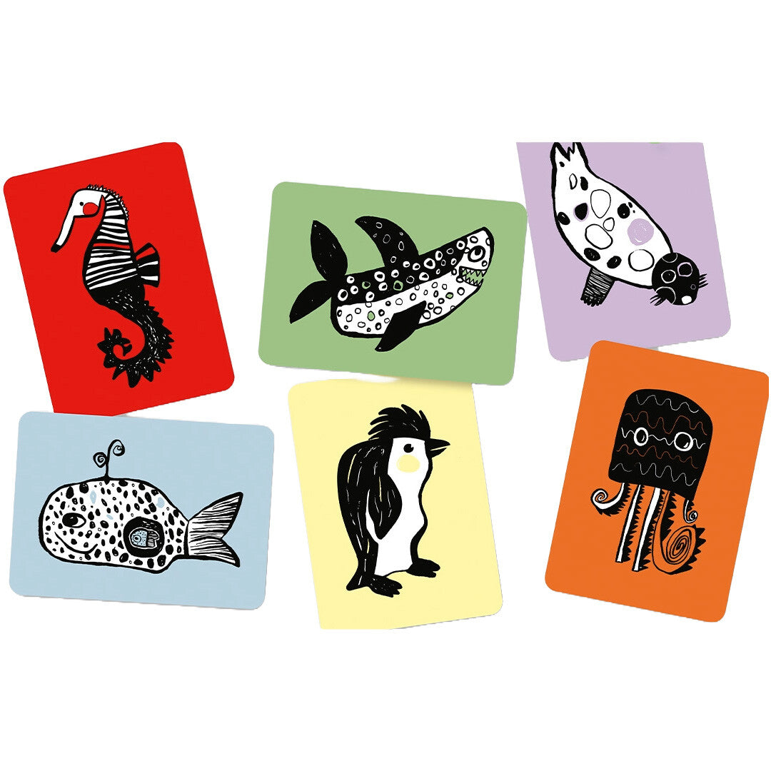Zes Mini Coco educatieve flashcards voor baby's met verschillende oceaan diertjes op gekleurde achtergronden.