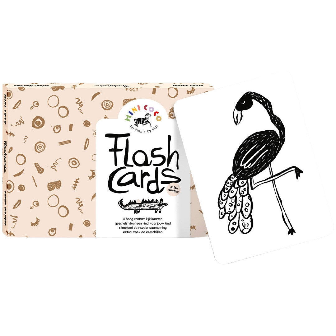 Mini Coco babyspeelgoed flashcards met safaridieren, met de verpakking en een kaart met een flamingo.