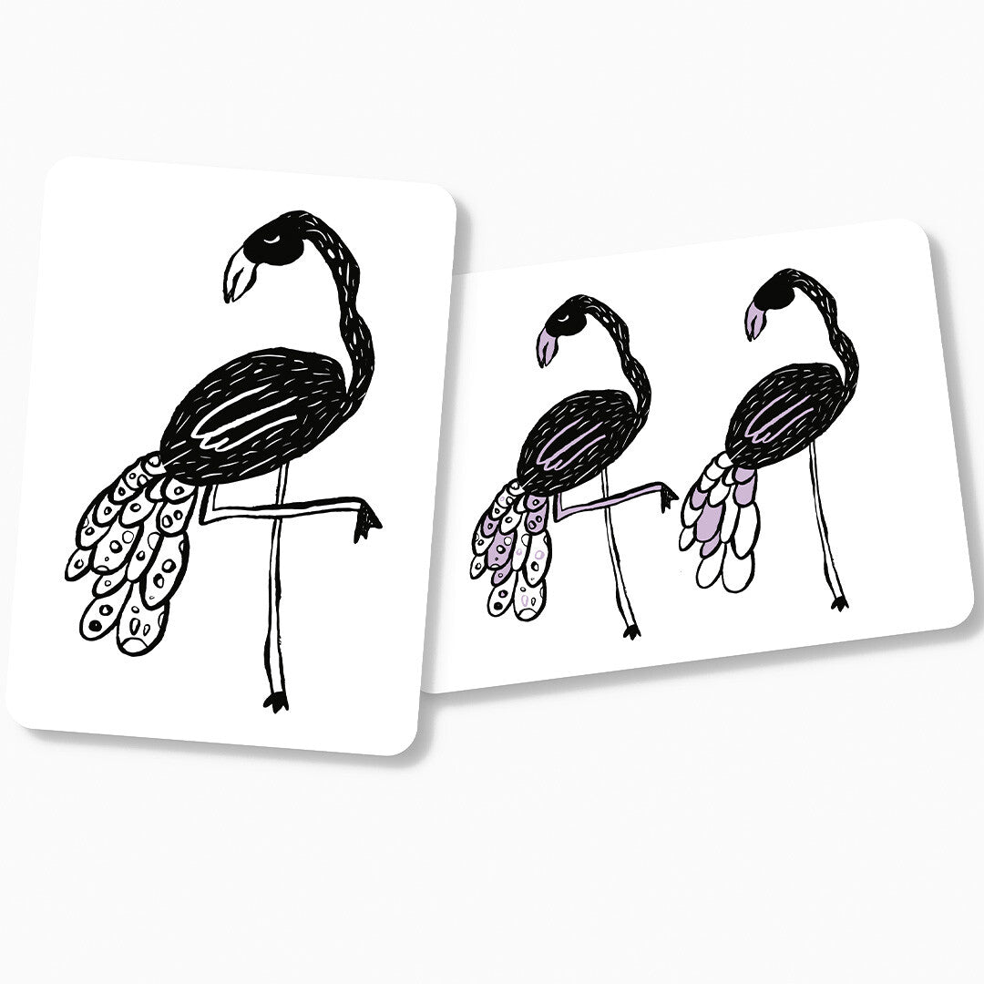 Twee Mini Coco flashcards met flamingo's, één zwart-wit en één met subtiele kleurverschillen.