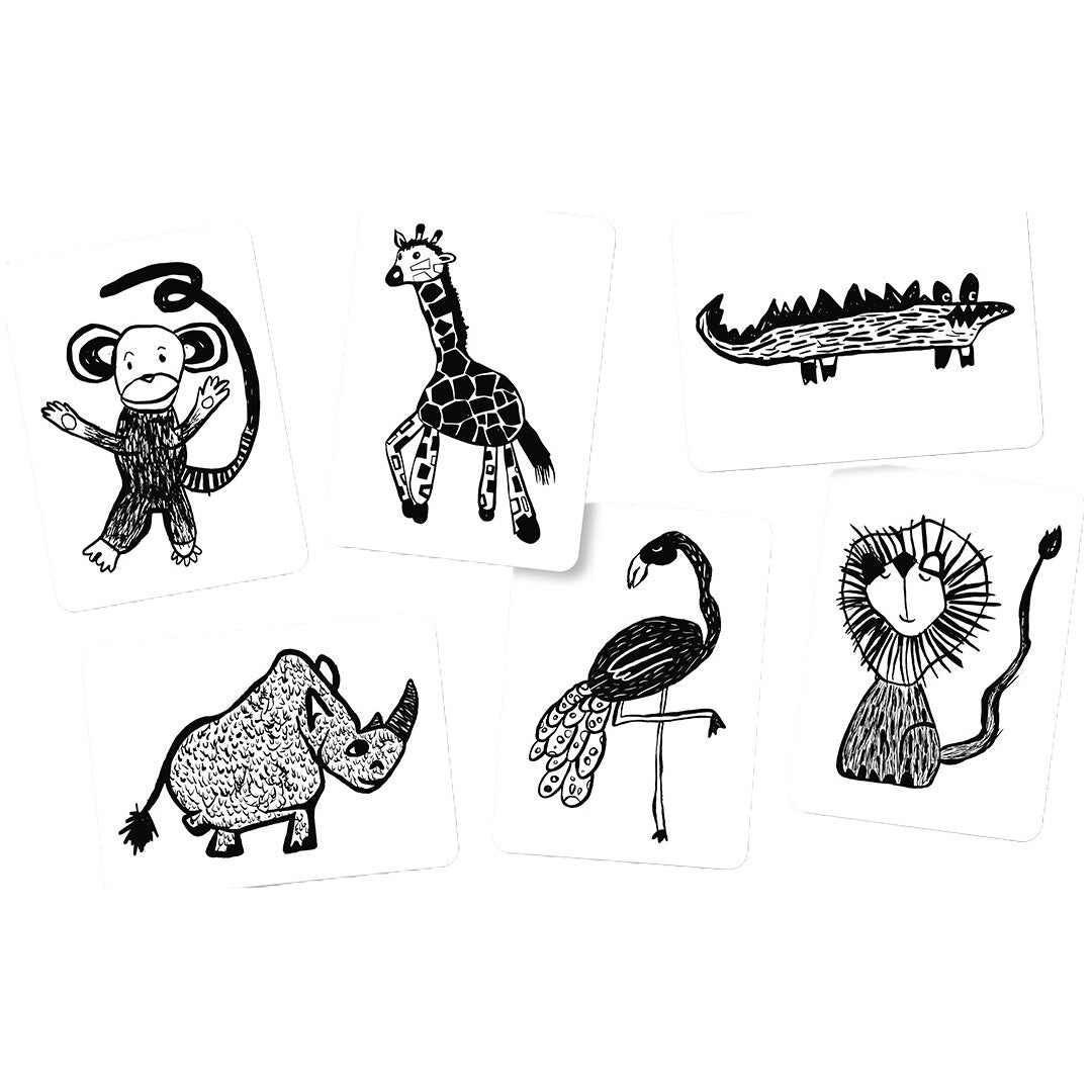Zes Mini Coco flashcards met zwart-wit illustraties van safaridieren zoals een aap, giraffe, krokodil, neushoorn, flamingo en leeuw.