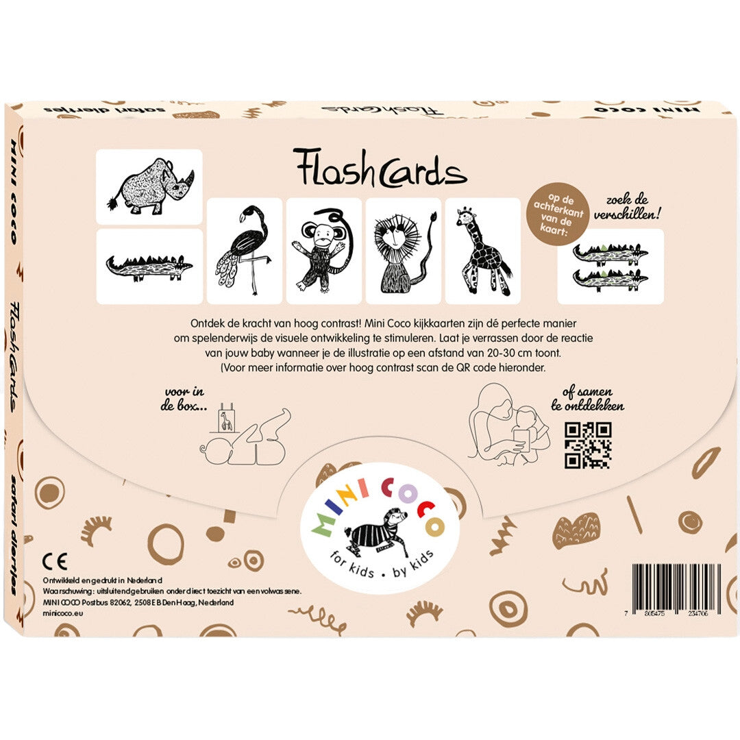 De achterkant van de Mini Coco flashcards verpakking met informatie over hoog contrast en afbeeldingen van safaridieren.