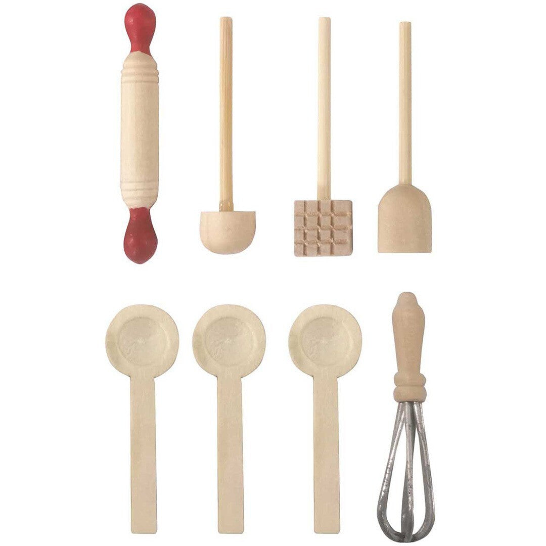 Rico Design miniatuur bakgerei set van houten en metalen keukenhulpjes.