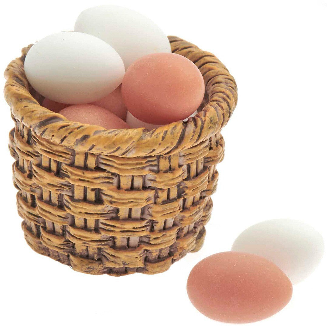 Rico Design miniatuur eiermandje gevuld met witte en bruine eieren, met enkele eieren ernaast.