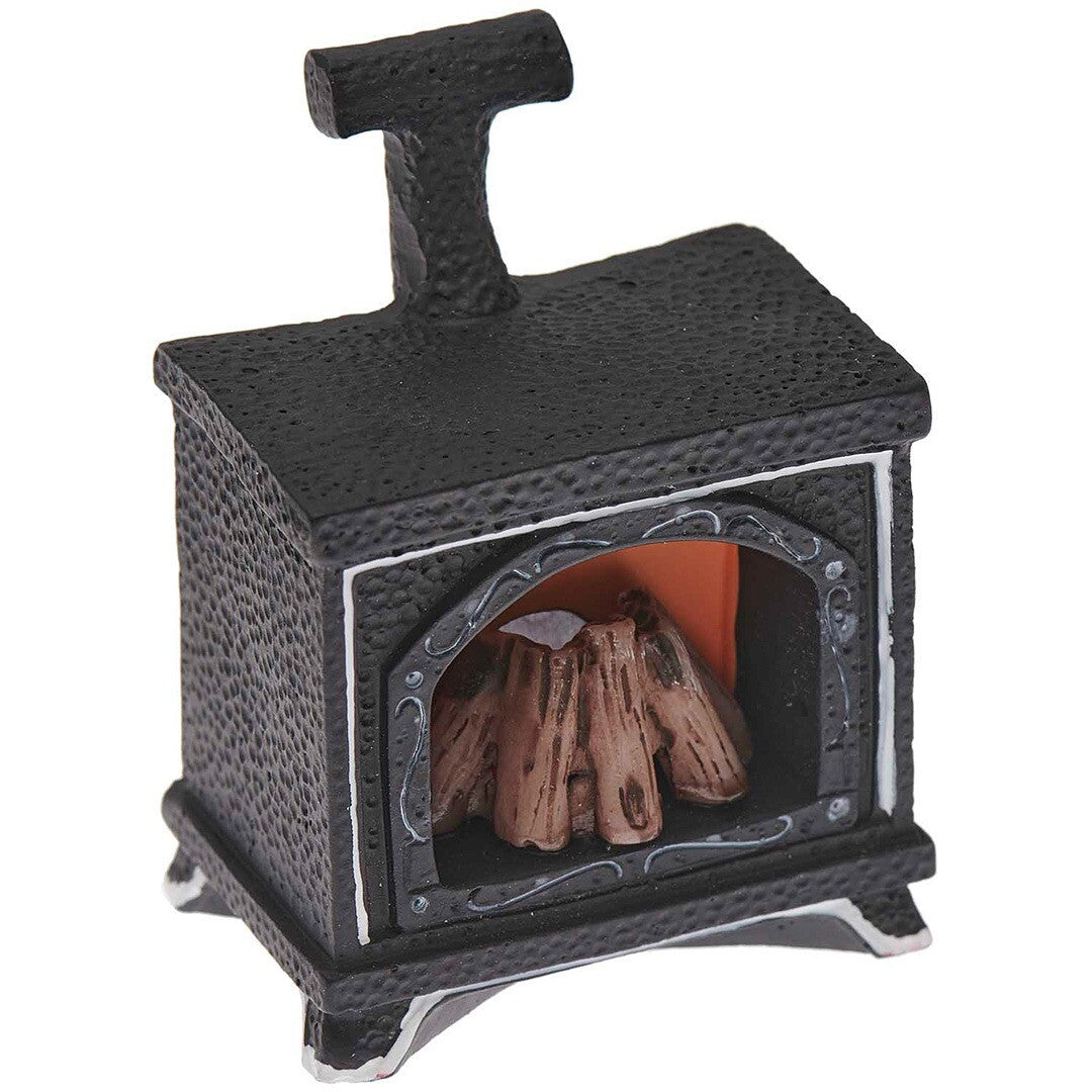 Rico Design zwarte miniatuur haard met houtblokken, een poppenhuisaccessoire.