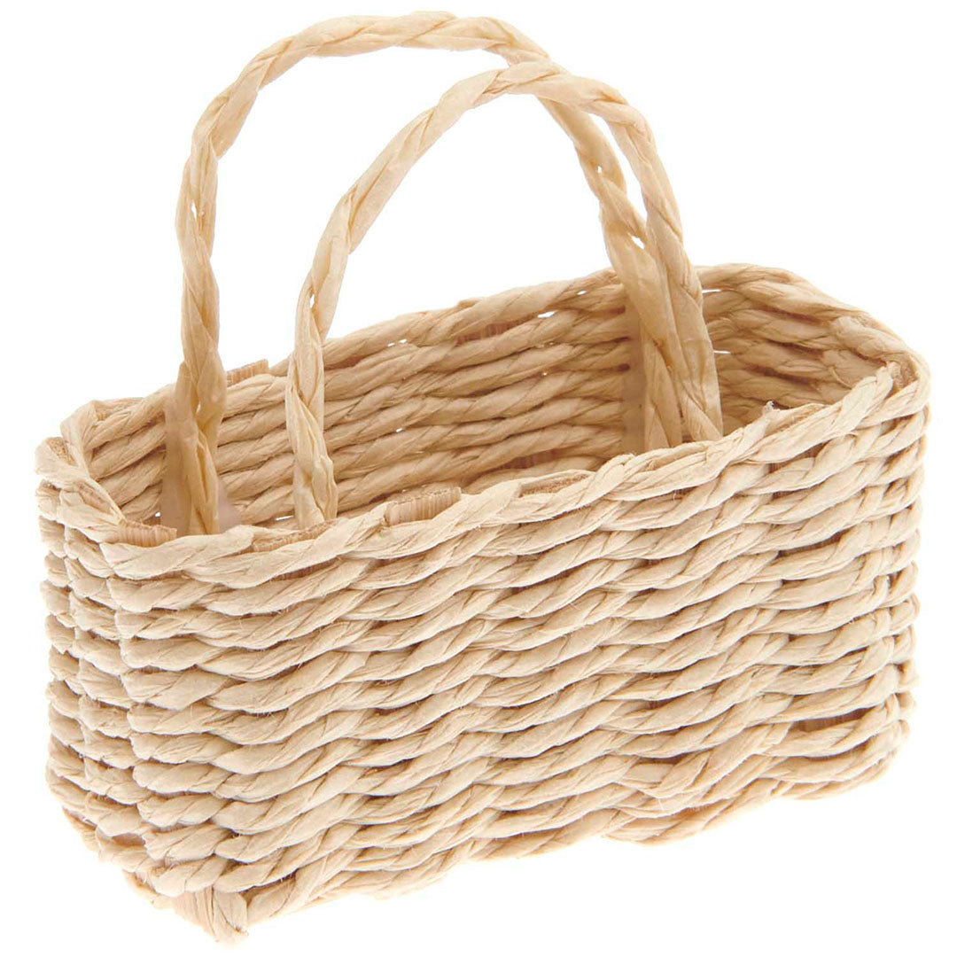 Rico Design miniatuur mandje van beige gevlochten materiaal met twee handvatten.