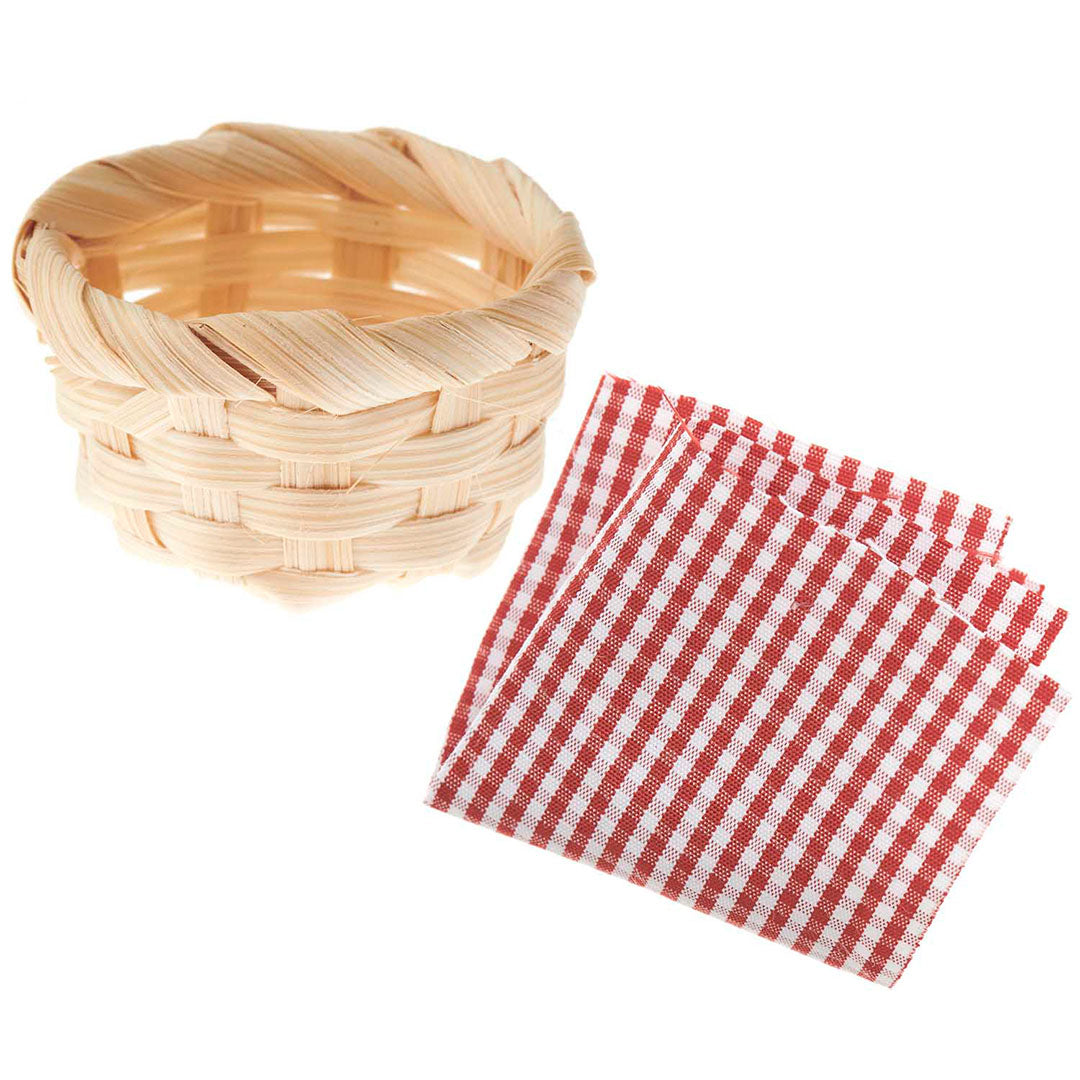 Rico Design miniatuur bamboe mandje met een rood-wit geruite picknickdeken.