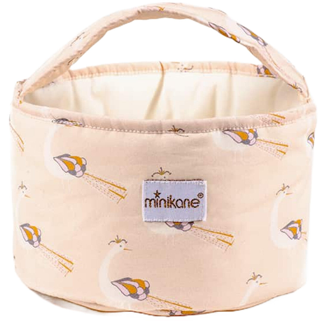 minikane beige stoffen opbergmand met pauwenpatroon en handvat.