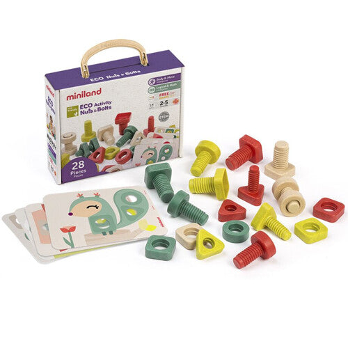 miniland knutselset met veelkleurige bouten, moeren en kaarten naast de verpakking.