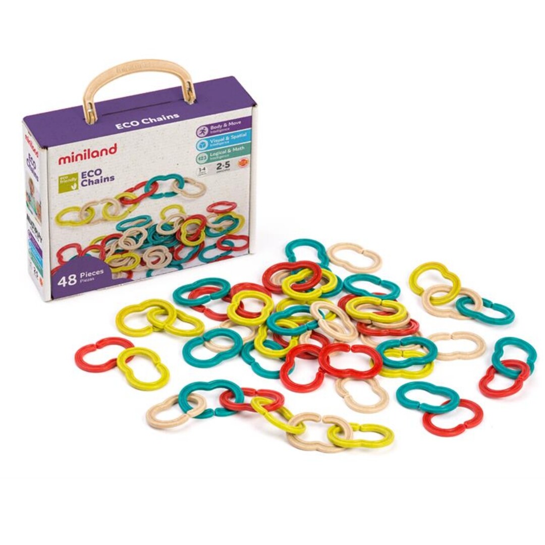 Miniland Eco Chains bouwset met de verpakking en veel kleurrijke plastic schakels.