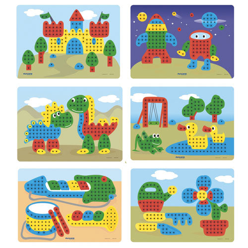 Zes Miniland mozaïekpuzzel voorbeelden met ontwerpen van een kasteel, robots, een dinosaurus, een speeltuin, een boot en bloemen.