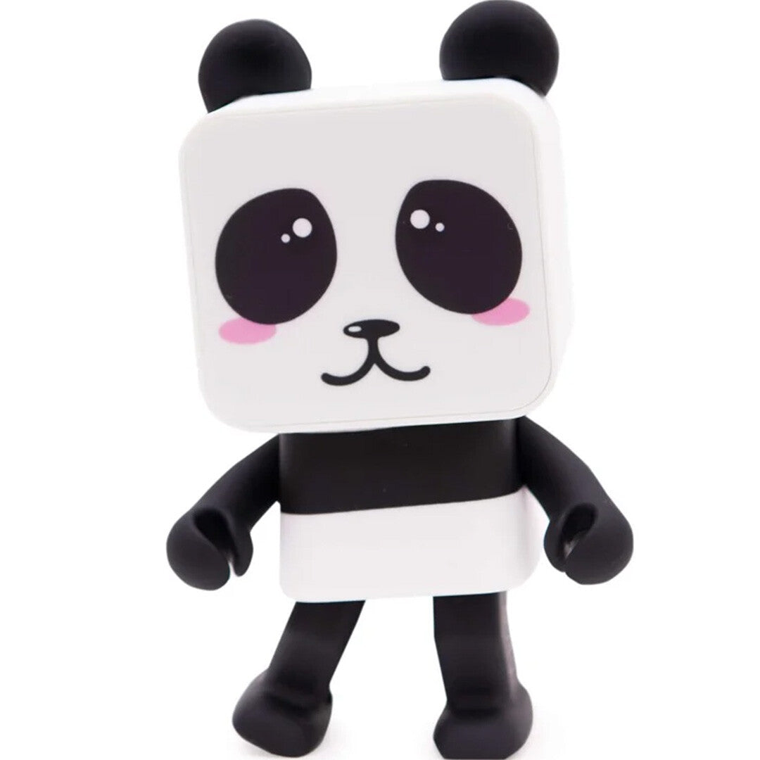Mob panda bluetooth speaker met een vierkant wit hoofd en zwart-wit gestreepte romp.