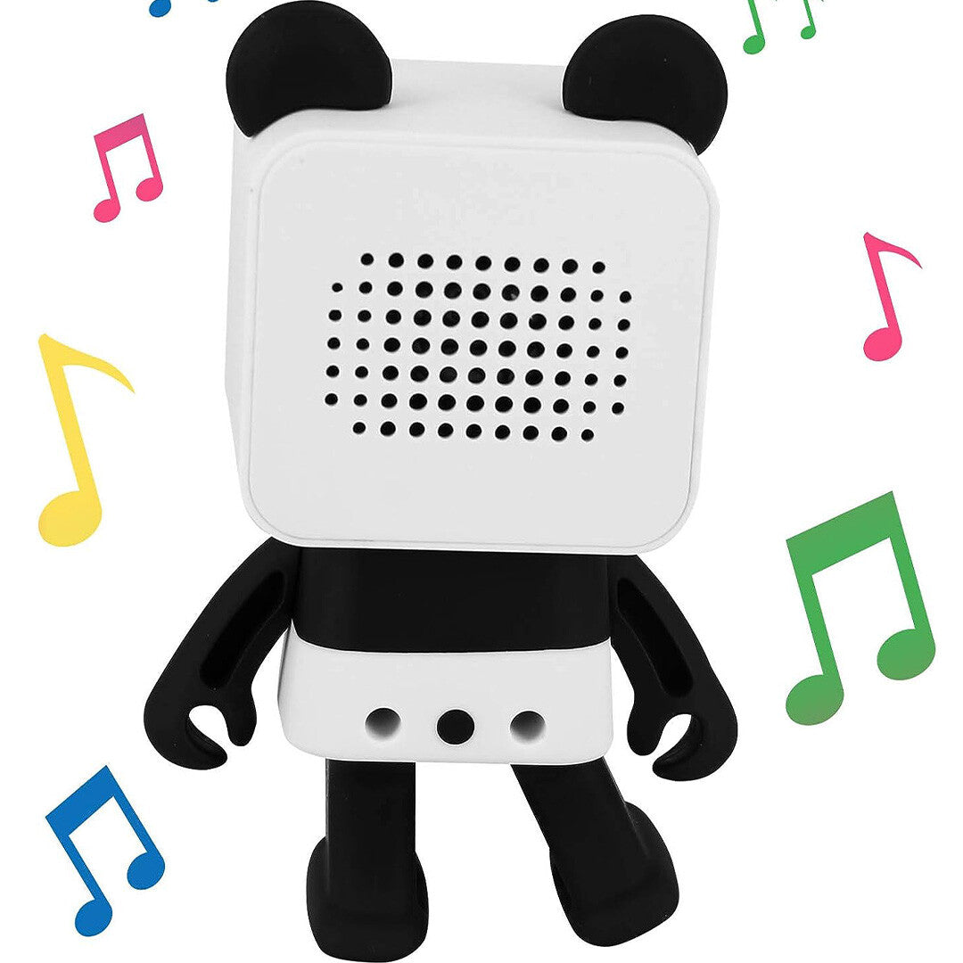 Achterkant van de Mob panda bluetooth speaker met speakerrooster, omringd door kleurrijke muzieknoten.