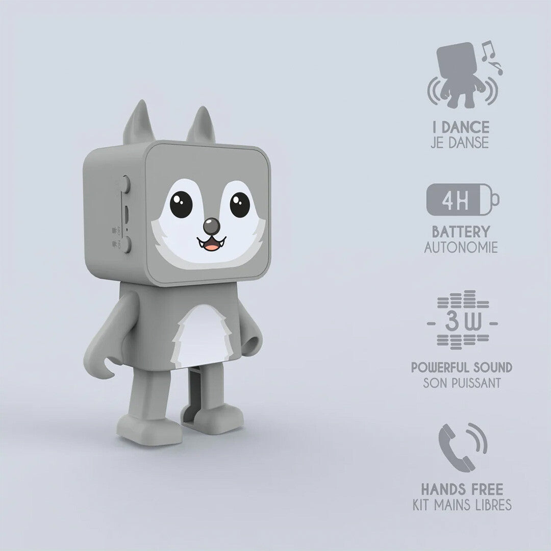 Infographic van de mob bluetooth speaker in de vorm van een grijze wolf, met pictogrammen en tekst over de functies.