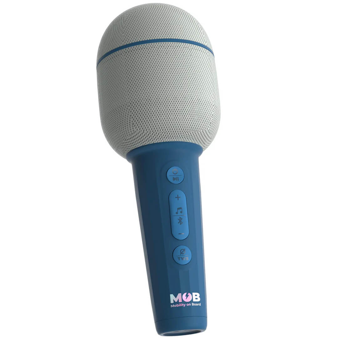 Mob karaoke microfoon in blauw en wit, schuin van voren gefotografeerd.