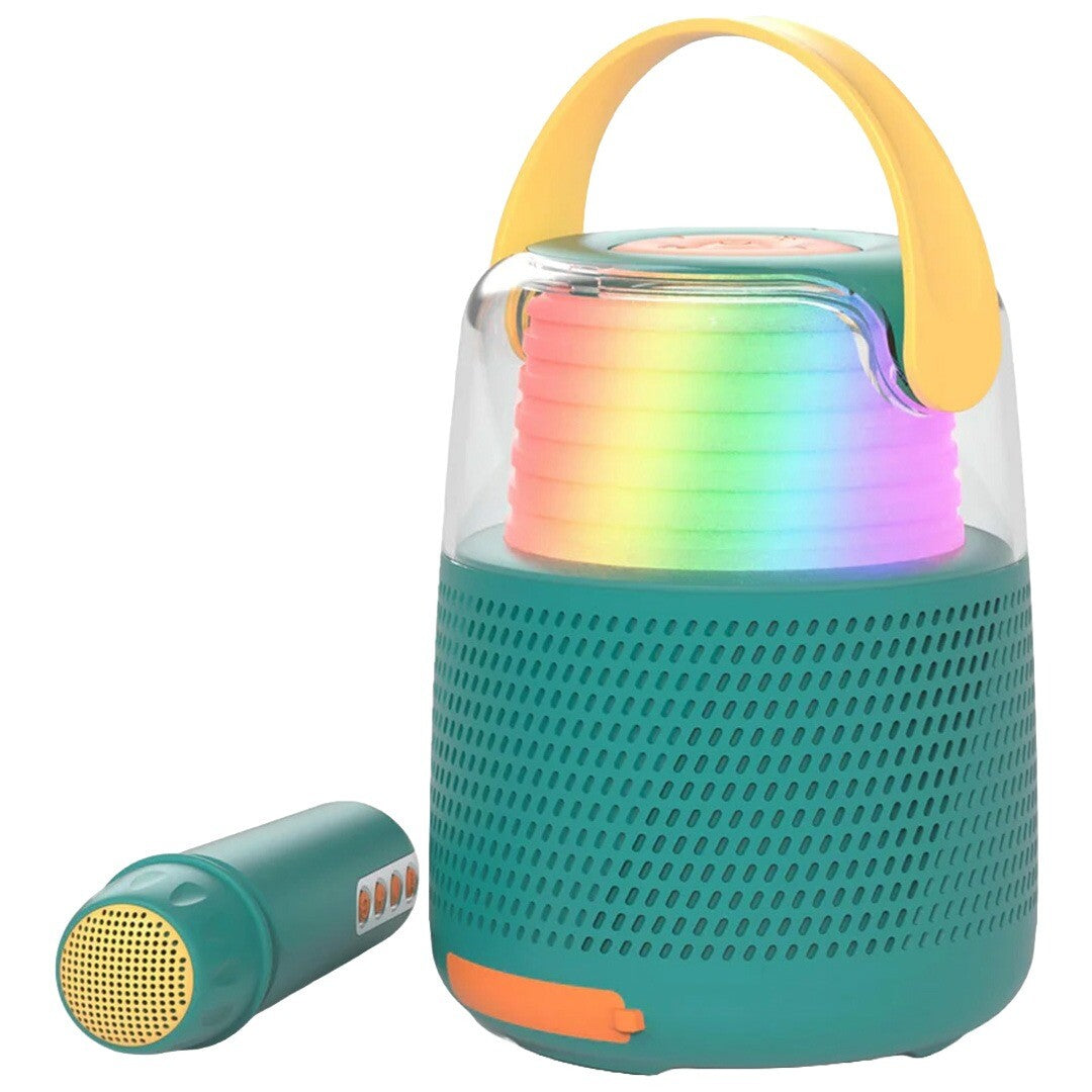 mob karaokeset in blauwgroen met regenboogverlichting en losse microfoon.
