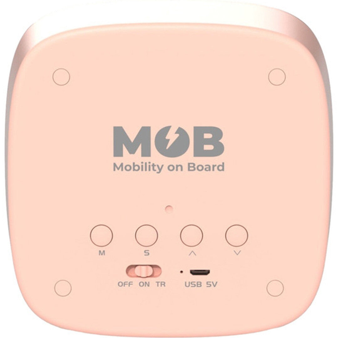 Achterkant van de roze mob wekker en nachtlampje met bedieningsknoppen en USB-poort.