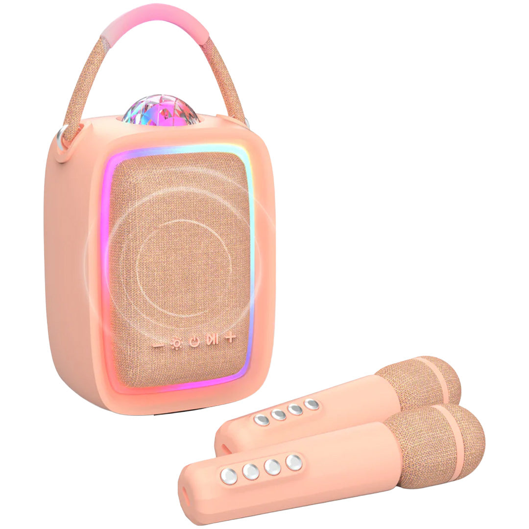 mob roze karaokeset met speaker, discolamp en twee microfoons.