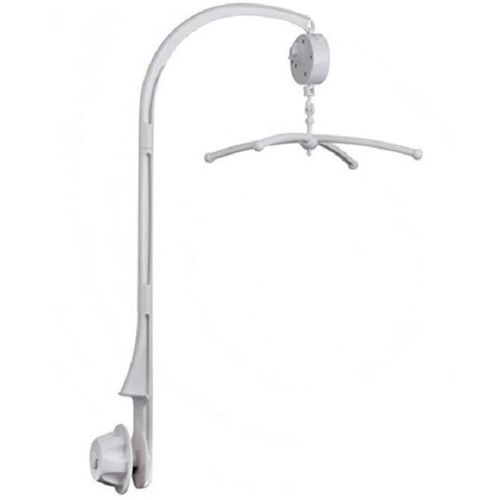 Witte plastic mobielhouder voor een wieg, compleet gemonteerd.