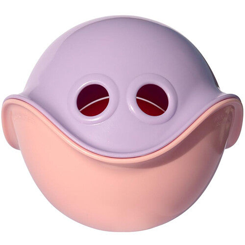 Een paars en roze Moluk Bilibo Mini activiteitenspeelgoed, van voren gezien.