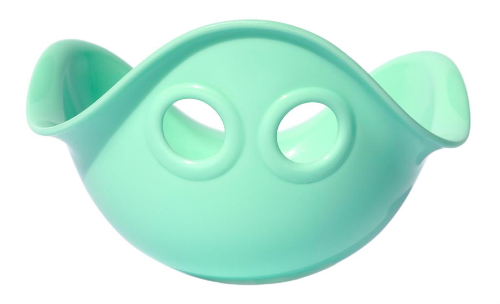 Een mintgroen Moluk Bilibo Mini activiteitenspeelgoed, van voren gezien.