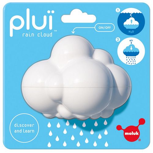 Verpakking van het Moluk Pluï regenwolk badspeelgoed met de witte wolk en instructies.